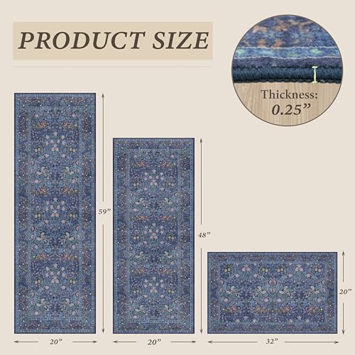 3-Piece Vintage Floral Kitchen Rug Set, Non-Slip Washable Runner Mats