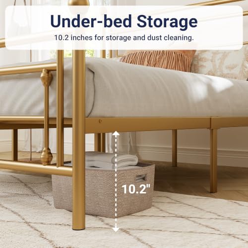 Queen Size Metal Platform Bed Frame with Victorian Headboard - Gold