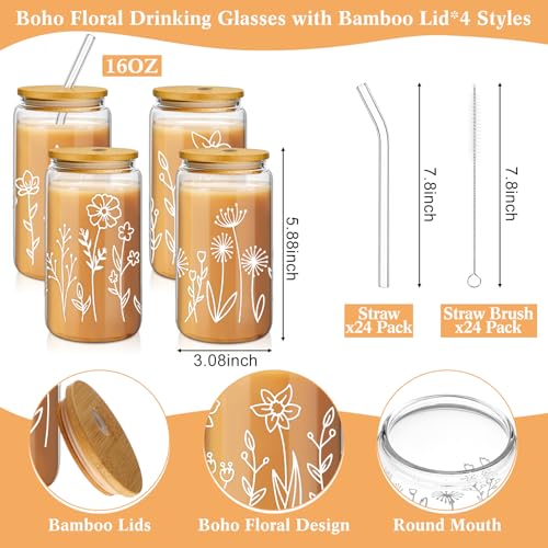24 Pcs Boho Floral Glass Cups with Lids & Straws - 16 oz Coffee & Drinkware Set