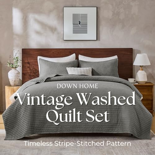 DOWN HOME Vintage Washed Microfiber Queen Quilt Set with Shams - Ash Gray