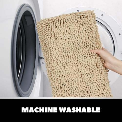 3-Piece Chenille Bath Rug Set, Soft Absorbent Non-Slip Bathroom Mat, Beige