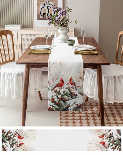 Winter Christmas Cardinal Table Runner 13x36 Red Berry Pine Leaves – 100% Polyester