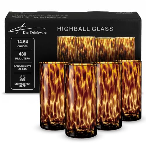 Joseph Sedgh Collection Tortoise Shell Highball Glass Set of 4 14.5 oz | Borosilicate Cocktail & Water Glasses