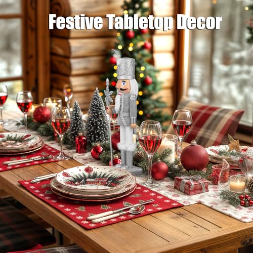 15-Inch Wooden Christmas Soldier Nutcracker Figurine, Silver Holiday Decor
