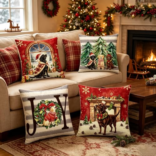 Christmas Labrador Retriever Pillow Covers Set of 4 18x18 Decorative Holiday Cushions