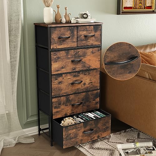 6-Drawer Tall Dresser with Wooden Top, Vertical Fabric Storage Tower