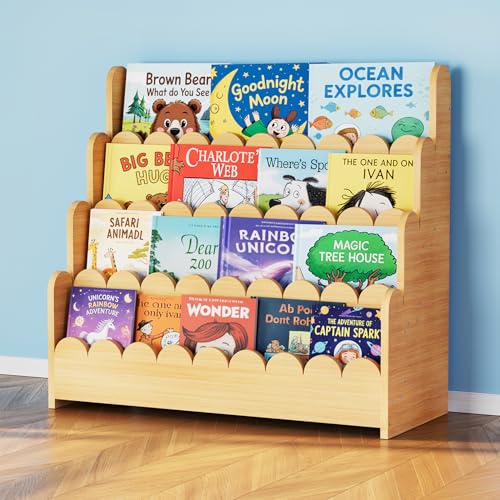 4-Tier Wooden Montessori Bookshelf for Kids, Scalloped Toy Storage Rack