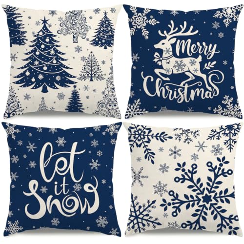 Blue Reindeer Christmas Pillow Covers 18x18in (Set of 4) - KISVODS