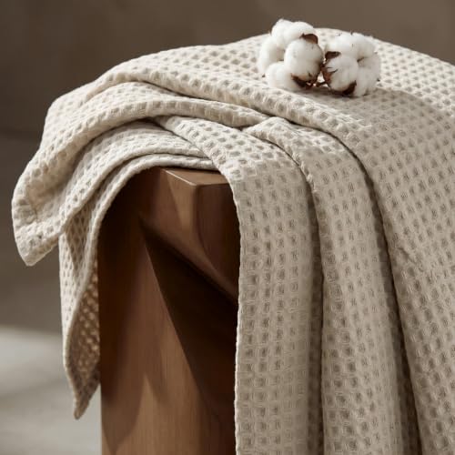 Bedsure 100% Cotton Waffle Blanket - Queen Size (90"x90"), Linen