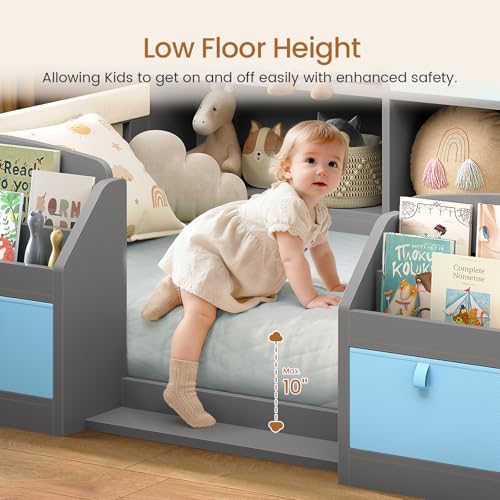 Twin Montessori Floor Bed Frame for Toddlers with Storage Drawers & Bookshelves