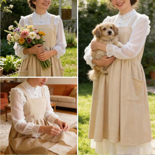 Cotton Linen Cross Back Apron with Pockets for Kitchen and Gardening