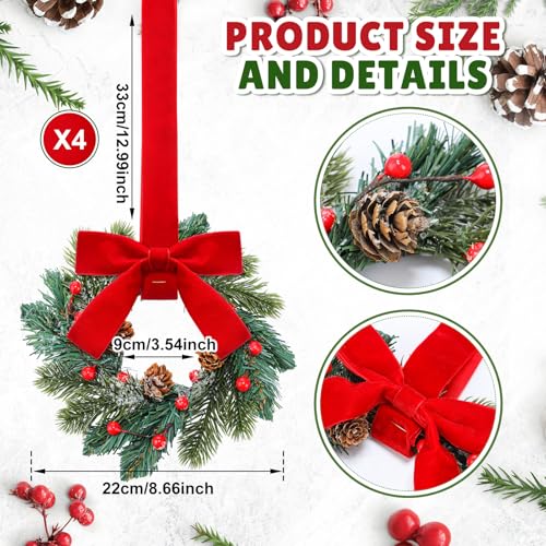 Knitgrip 4 Pcs Mini Christmas Wreaths with Red Bows & Pine Cones for Cabinets, Indoor Decor