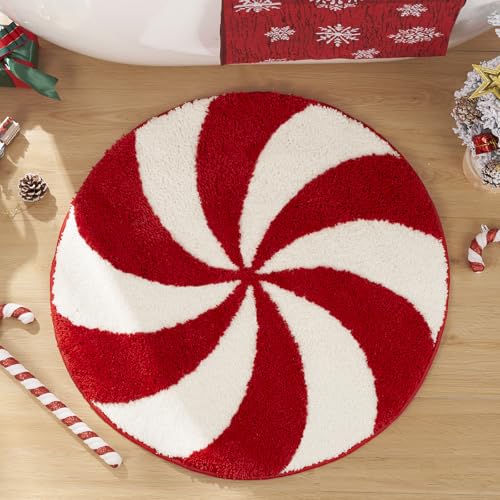 ELDONE Red & White Candy Swirl 24x24 In Non-Slip Bathroom Rug - Festive Christmas Round Mat