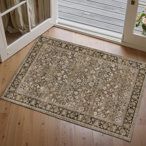 2x3 Vintage Floral Area Rug, Washable Non-Slip Low Pile Distressed Rug
