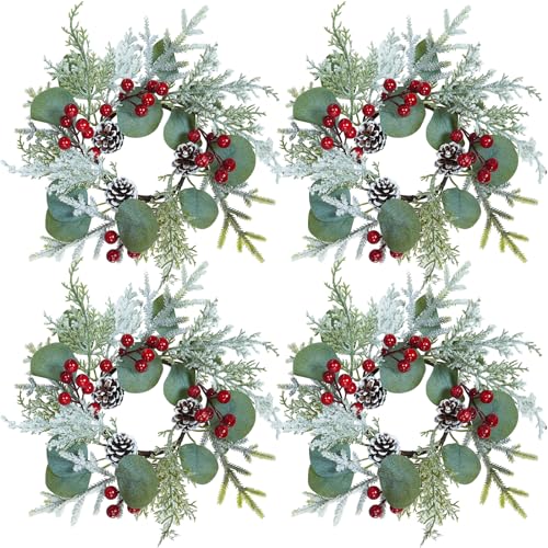 4-Pack Artificial Eucalyptus & Snowy Cedar Christmas Candle Rings