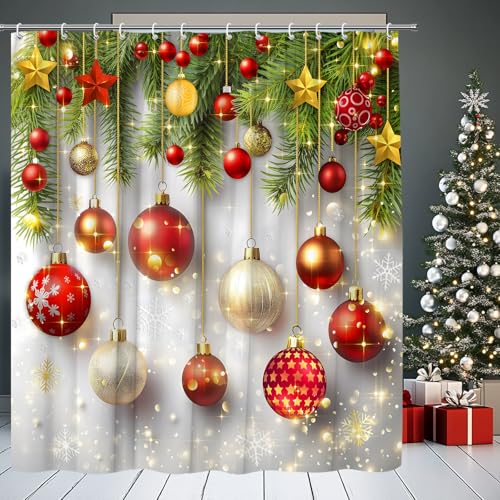 Christmas Ball Shower Curtain Set 70x70 in Red Green Pine Snowflakes with Hooks - HYKHYK