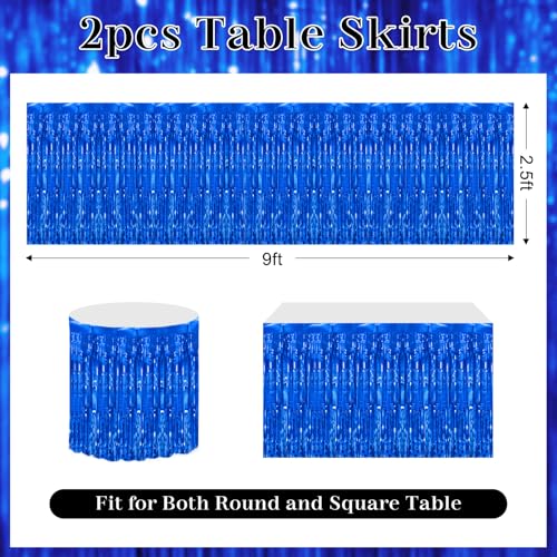 Blue Metallic Foil Fringe Table Skirt - 29.5x108 Inch Party Decoration (2 Pack)