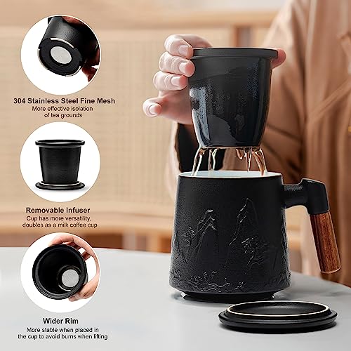 Suyika Black Ceramic Tea Cup with Infuser and Lid 15.2 oz / 450 ml