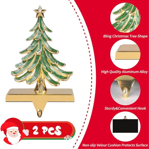 2-Piece Glitter Christmas Tree Stocking Holders for Mantle, Gold & Green