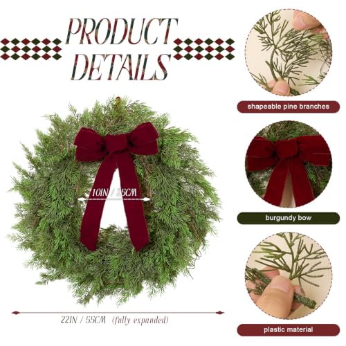 DN Deconation 22in Christmas Wreath with Green Foliage & Burgundy Velvet Bow — Front Door