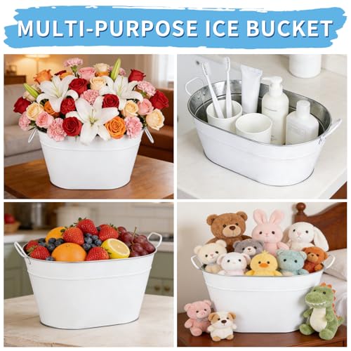 White Galvanized Beverage Tub 3 Gallon Ice Bucket with Handles for Drinks & Parties - SENCOS