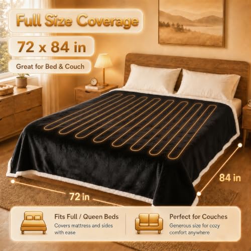 Full Size Electric Heated Blanket with 9 Heat Levels - Soft Flannel & Sherpa - Machine Washable