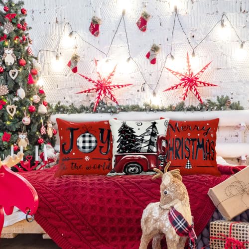 DIYDEC 4 Pack Christmas Pillow Covers 18x18 Inches Red Holiday Decor Set