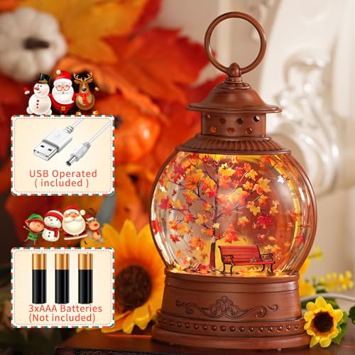 Lighted Autumn Snow Globe Lantern with Timer - Fall Thanksgiving Decor