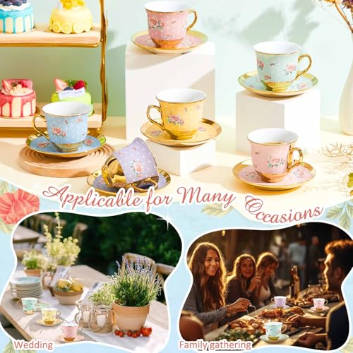 Teenyyou Set of 12 Vintage Style Tea Cups and Saucers, 5.4 Oz - Elegant Porcelain