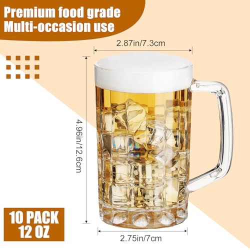 12 oz Plastic Beer Mugs with Handles - Shatterproof Clear Stein Set (10 Pcs)