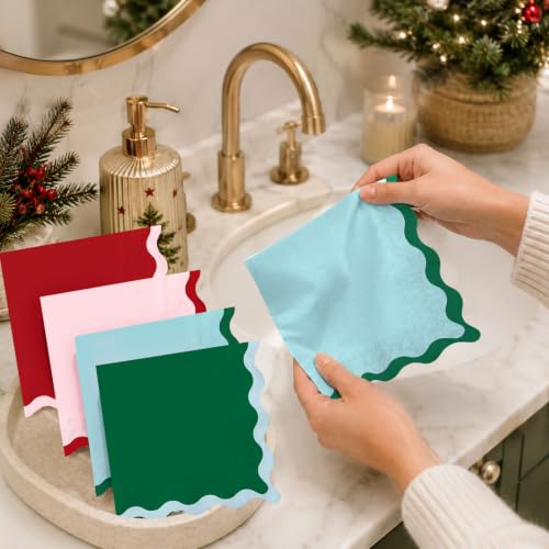 Whaline Christmas 100Pcs Scalloped Paper Napkins - Red, Green, Pink, Blue