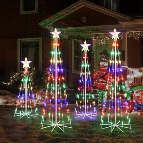 PINPON 3 Pack 3FT 4FT 5FT Outdoor Multicolor Cone Christmas Tree Lights with 8 Modes