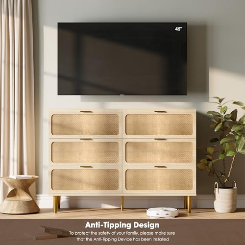 6-Drawer Wood Dresser with Natural Rattan Doors, Large Bedroom Chest
