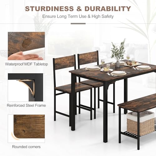 4-Piece Industrial Dining Table Set with Bench and Chairs - Rustic Brown