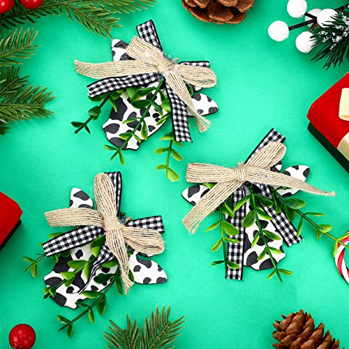 Cow Print Christmas Ornaments Set - 12 Wooden Holiday Decorations with Bows, Black