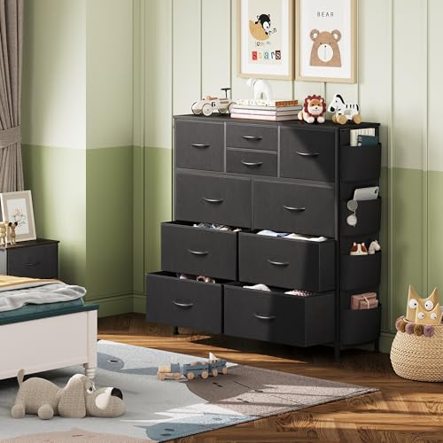10-Drawer Fabric Dresser with Steel Frame, Side Pockets and Hooks