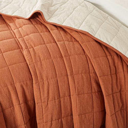 Burnt Orange Queen Quilt Set - 3-Piece Bedding with Cream Stripe