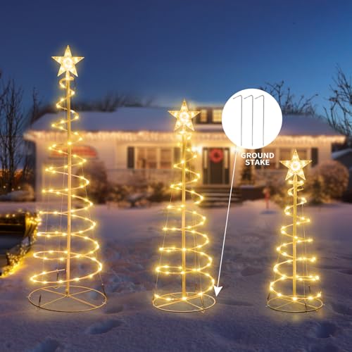 COVFEVER 3-Piece Christmas Spiral Tree Lights Set Warm White 3/4/5 FT Holiday Decor