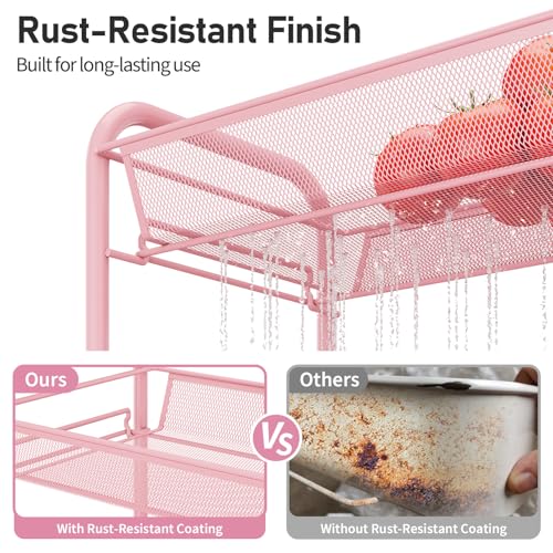 3-Tier Metal Rolling Utility Storage Cart with Wheels & Hooks, Pink