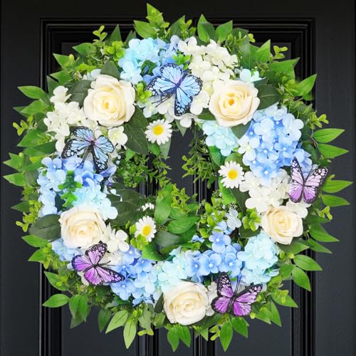 24-Inch Lighted Spring Hydrangea Wreath with Timer for Front Door Decor