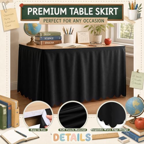 6ft Ruffled Teacher Desk Skirt - Black Scalloped Polyester Table Cover