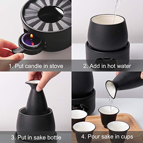Ceramic Sake Set with Warmer Pot and Bamboo Tray - Traditional Japanese Drinking Kit 11-Piece