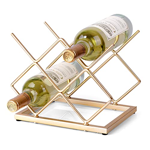 5-Bottle Gold Metal Wine Rack - Modern Geometric Countertop Storage Stand