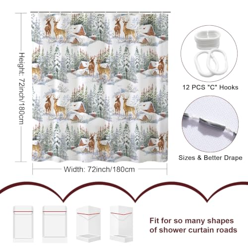 Baccessor Winter Christmas Deer Shower Curtain 72x72 Inches - Holiday Bathroom Decor