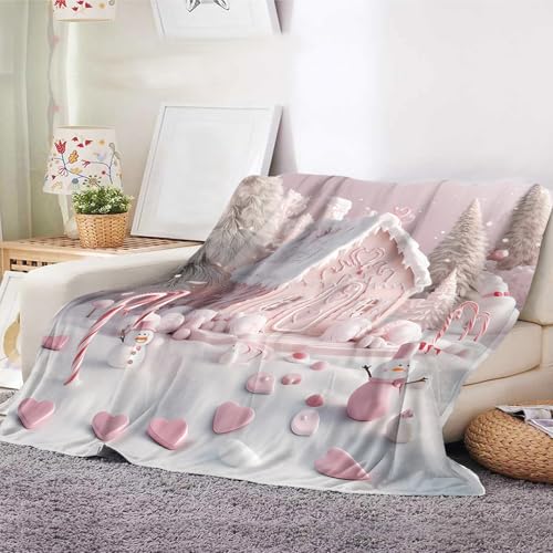 YunTu Christmas Gingerbread House Blanket Pink Holiday Snowman Throw 50"x60"