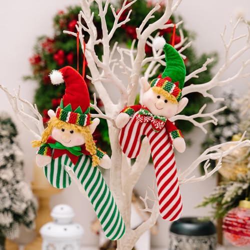 Elf Candy Cane Christmas Hanging Ornament - Plush Holiday Decor, Set of 2