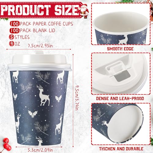 Zhehao Santa Claus Christmas Paper Coffee Cups 9 oz with Lids – 100 Pack