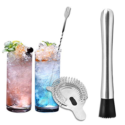 SENHAI Stainless Steel Cocktail Muddler Set with Strainer & Mixing Spoon