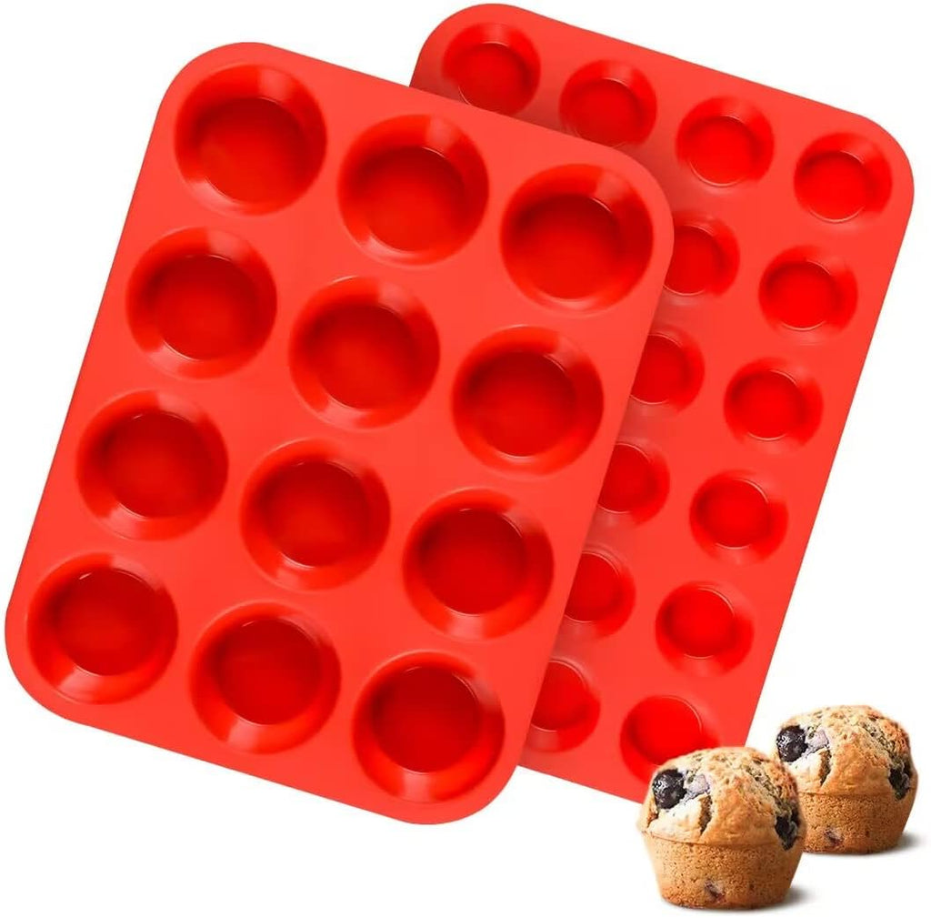 Silicone Muffin Pan Set - 12-Cup Regular & 24-Cup Mini Muffin Tins for Perfect Baking
