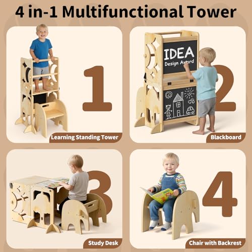 4-in-1 Toddler Kitchen Stool Helper with Blackboard and Detachable Chair